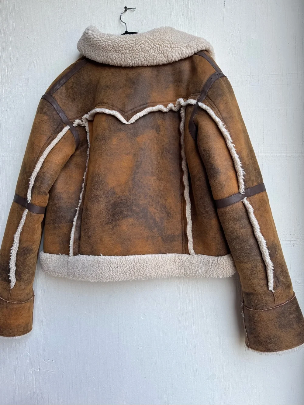 Stand Studio Brown Leather Aviator Jacket with Cream Shearling